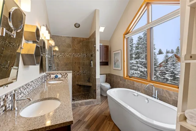 a spacious bathroom with a granite countertop sink a mirror and shower