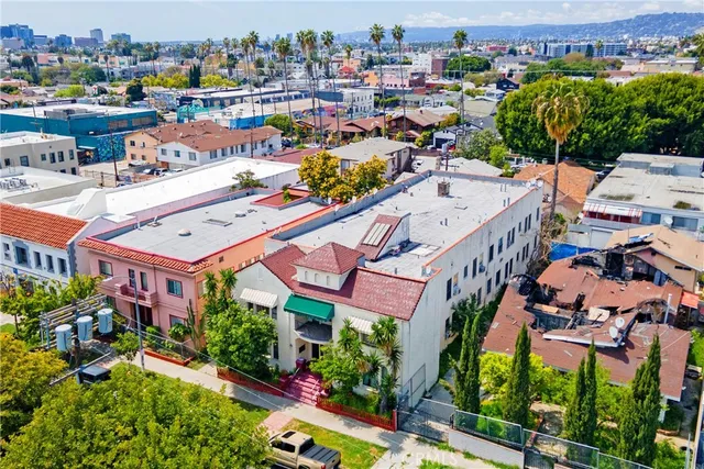 a city view with tall buildings