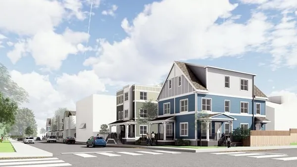 a city street lined with buildings and a street