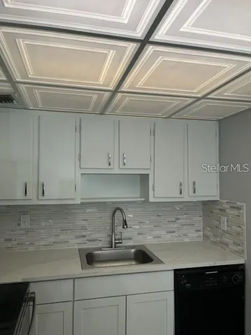 a kitchen with a sink and cabinets