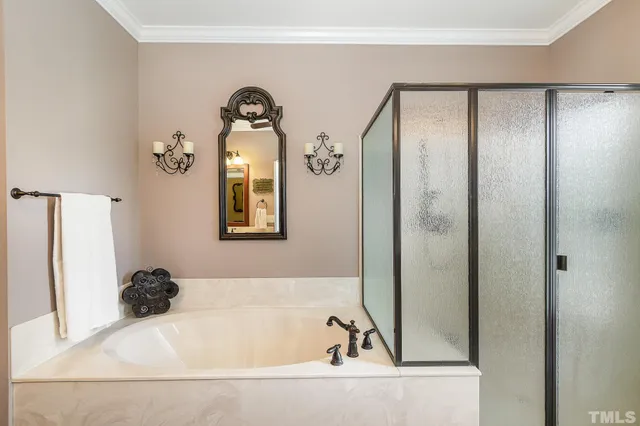 a bathroom with a bathtub and a shower