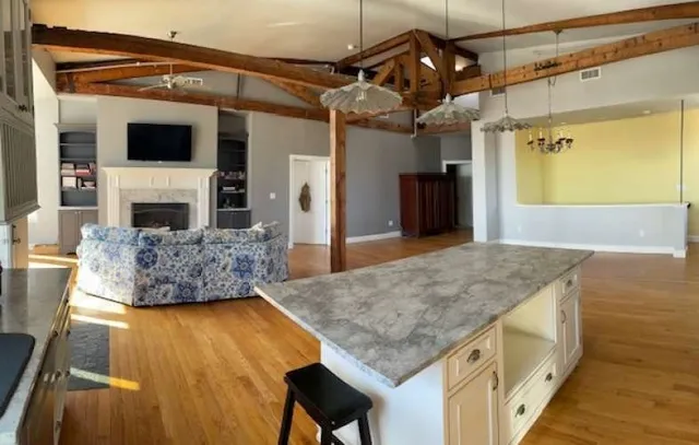a living room with stainless steel appliances kitchen island granite countertop furniture and a fireplace