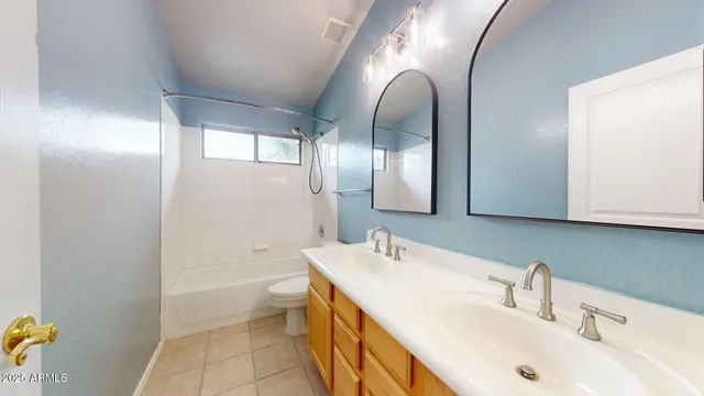 a bathroom with a double vanity sink toilet and shower