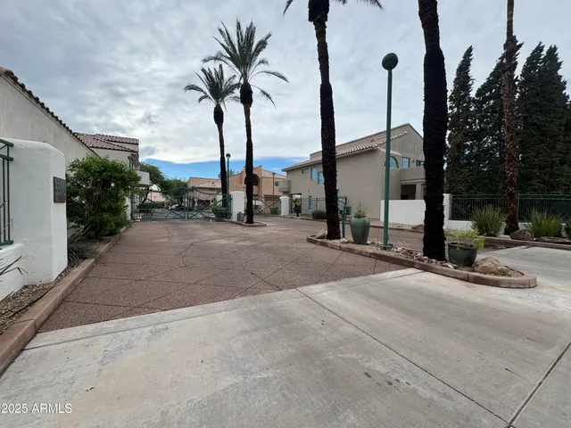 a row of palm trees sitting on a sidewalk in front of a building