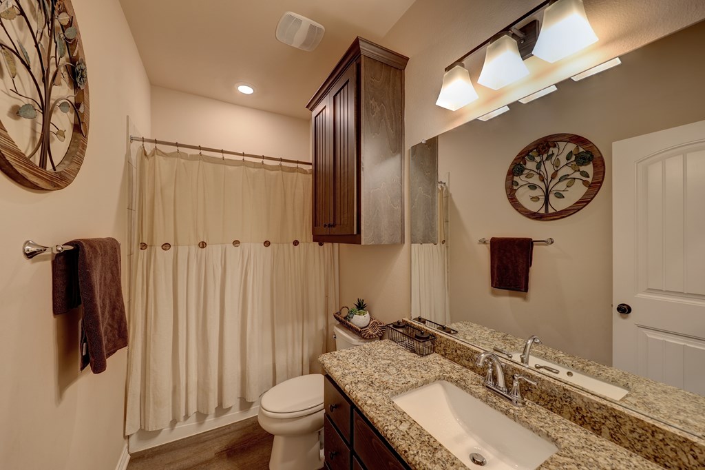 450 Jung Road Harper, TX 78631 - Photo 20 of 50 a bathroom with a granite countertop sink a toilet and a mirror
