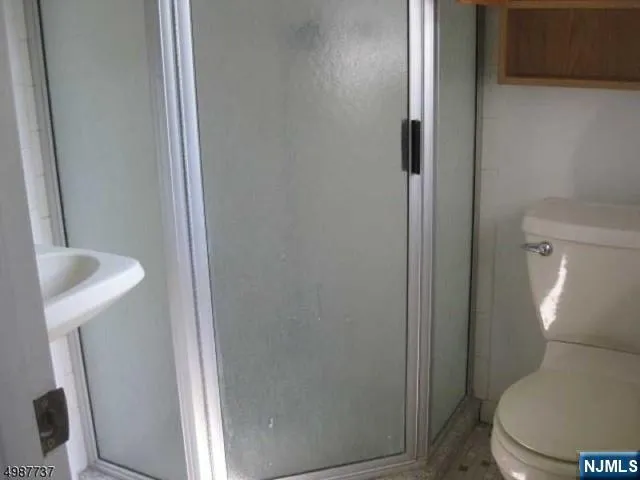 a white toilet sitting next to a shower