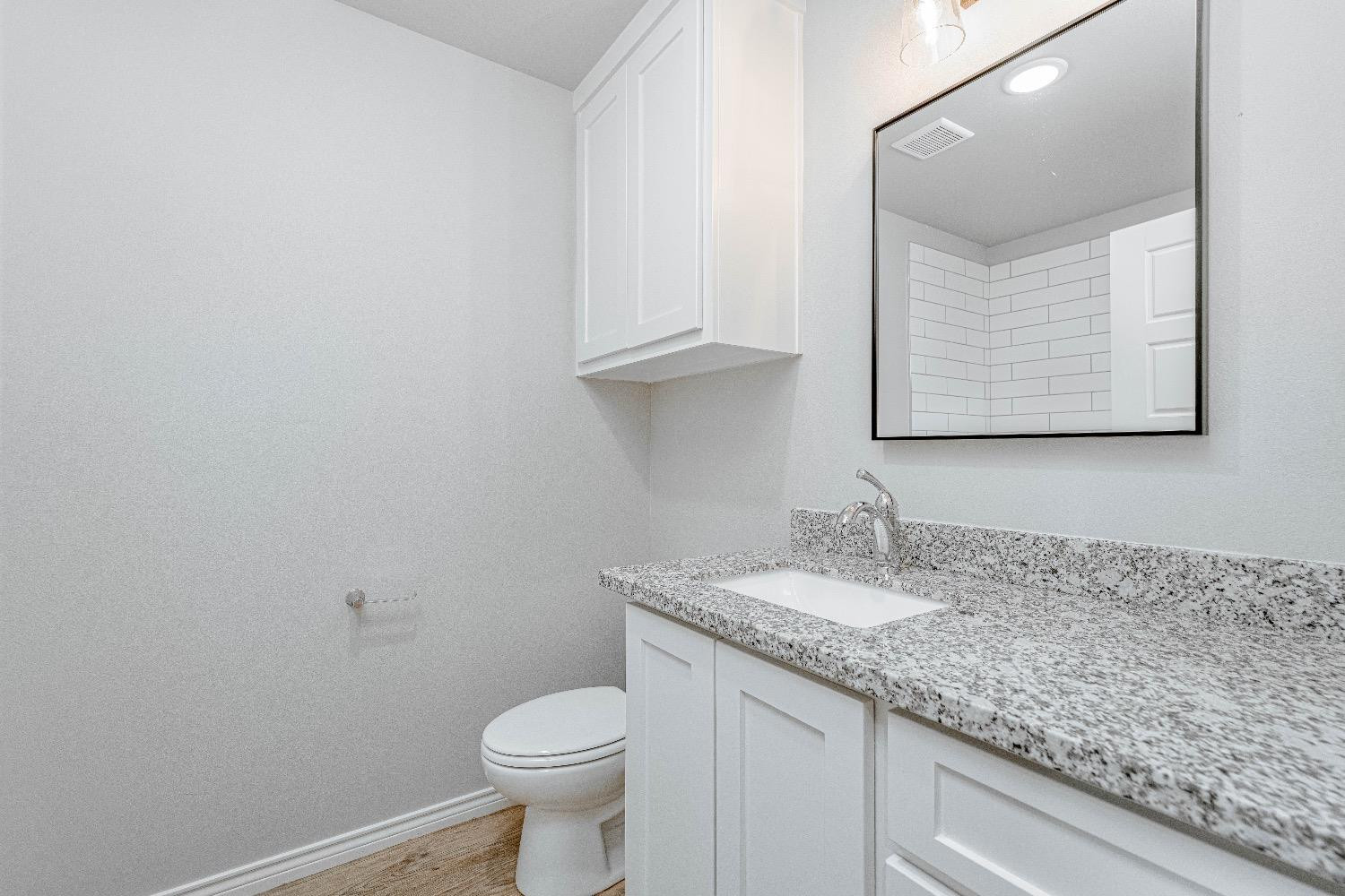 1407 17th Street, Unit AB Shallowater, TX 79363 - Photo 9 of 33 a bathroom with a granite countertop sink and a toilet