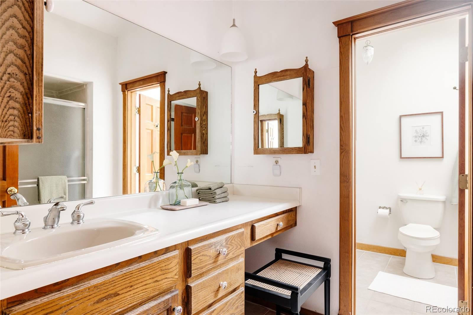 14080 Crabapple Road Golden, CO 80401 - Photo 28 of 50 a bathroom with a sink a toilet and a large mirror