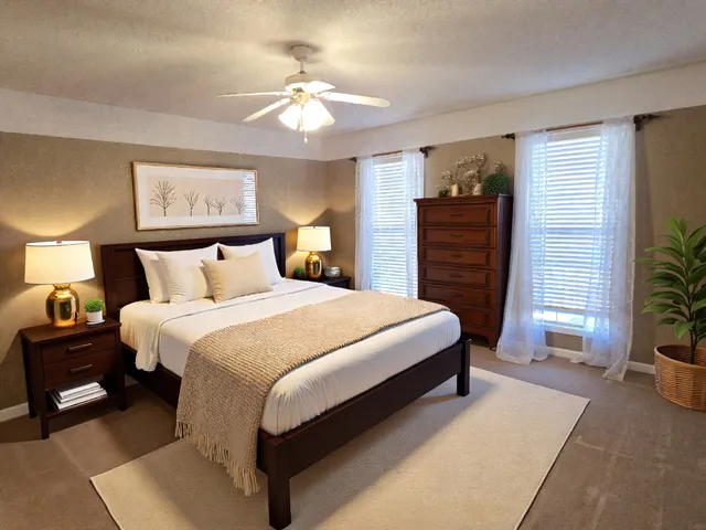 a bedroom with a bed and a lamp