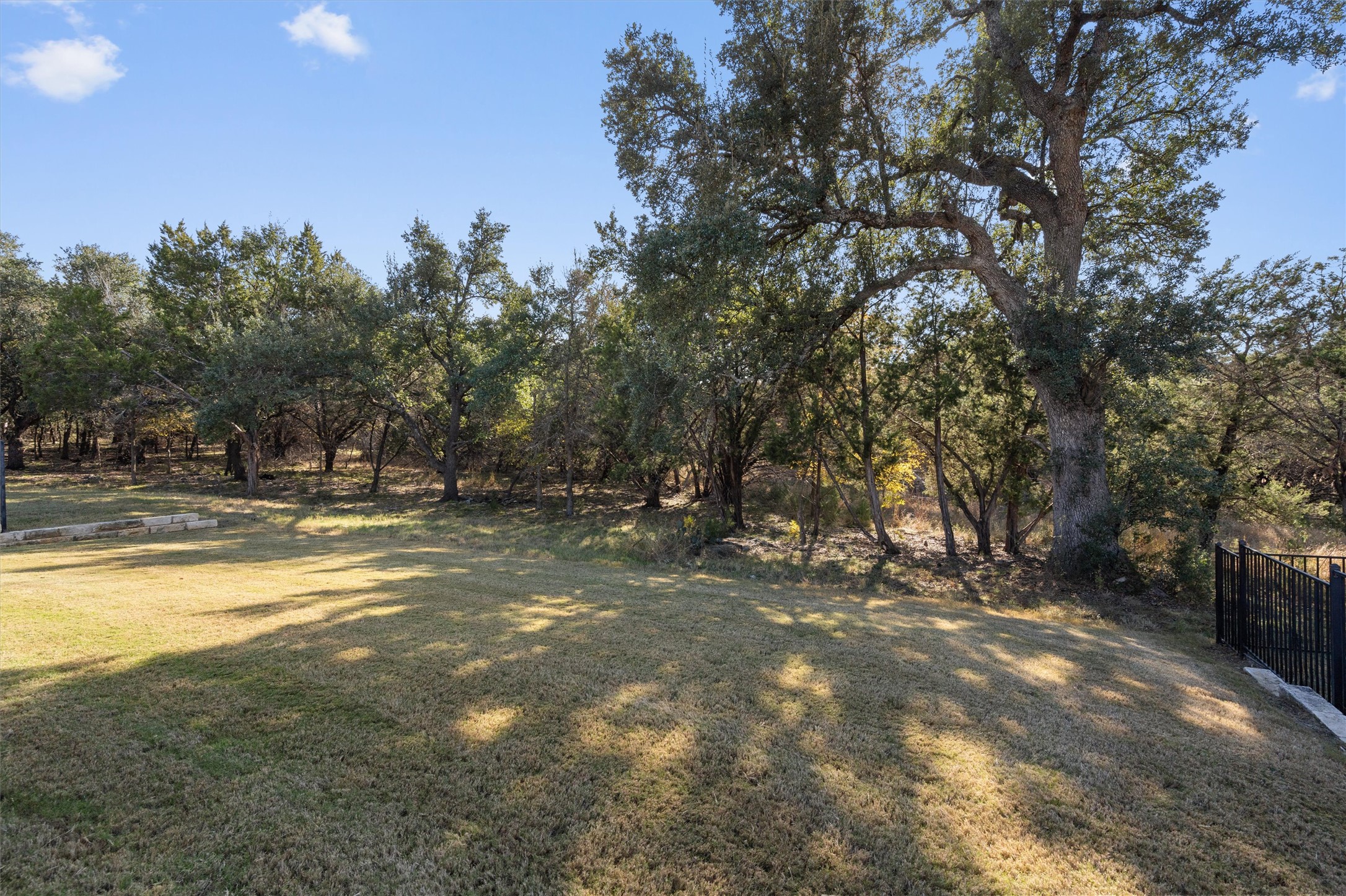 307 Kickapoo Creek Lane Georgetown, TX 78633 - Photo 23 of 30 Mature trees shade a grassy lawn bordering a natural wooded view.