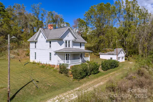 a aerial view of a house with a yard and potted plants