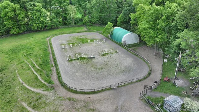an aerial view of a swimming pool