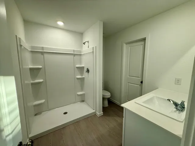 a bathroom with a shower sink and mirror
