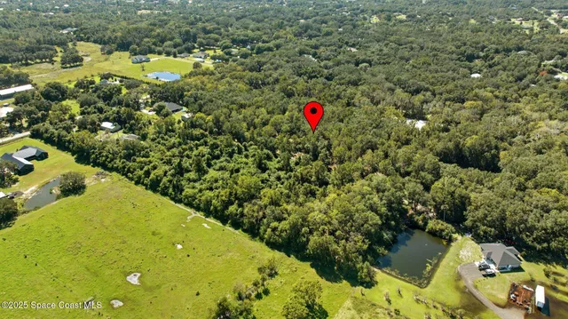 an aerial view of residential houses with outdoor space and trees