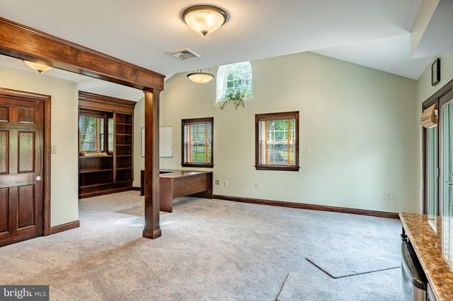 a view of a garden with large trees