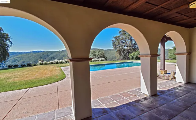 a view of pool with mountain in the background
