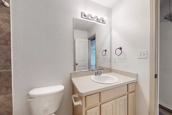 a bathroom with a sink toilet and mirror