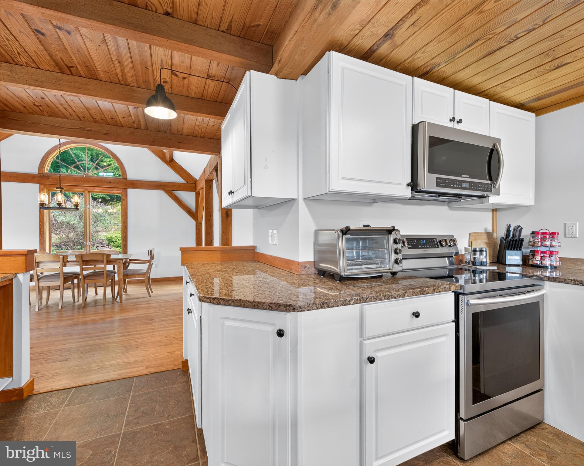 4028 South F T Valley Road Etlan, VA 22719 - Photo 40 of 101 a kitchen with stainless steel appliances granite countertop a stove a sink and a microwave