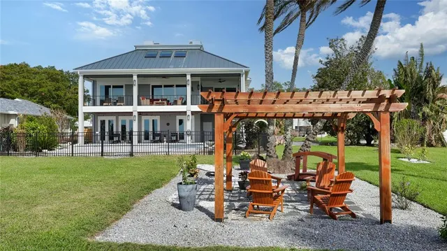 a view of a garden with an ocean