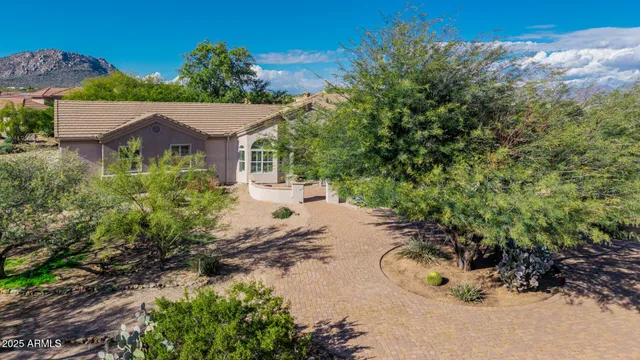 an aerial view of a house with a yard and a large tree