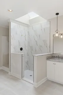 a bathroom with a shower and a sink