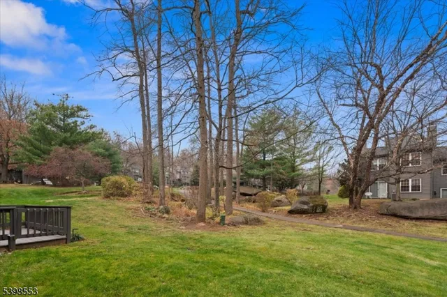 a view of a yard with a house in the background