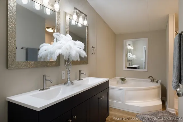 a bathroom with a sink vanity and a mirror