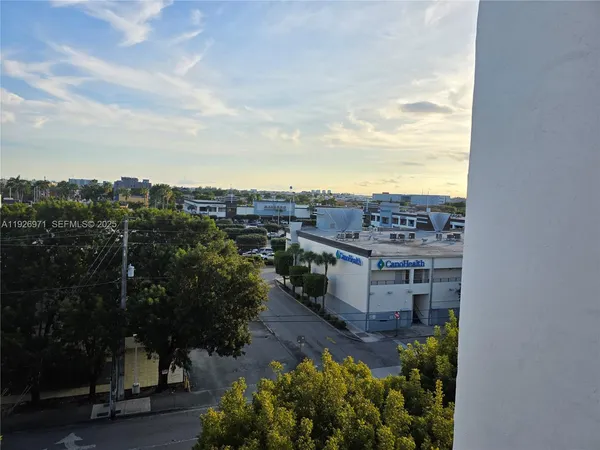a city view with tall buildings