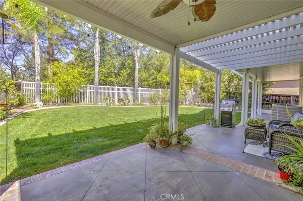 a garden view with a seating space