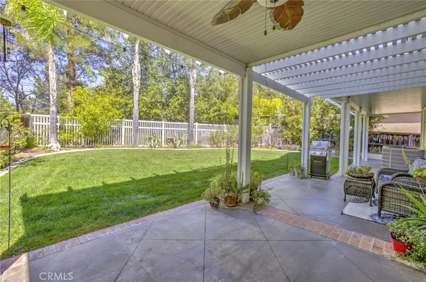 a garden view with a seating space