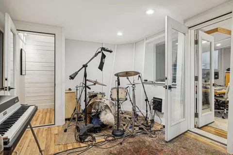 a view of a room with gym equipment