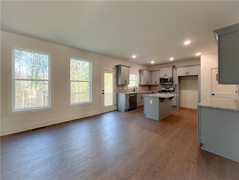 27 Bridgestone Way Cartersville, GA 30120 - Photo 17 of 31 a open kitchen with stainless steel appliances granite countertop a stove top oven a sink dishwasher and a refrigerator with wooden floor