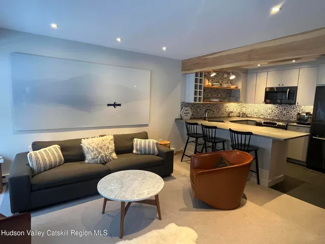 a living room with furniture a counter space and a view of kitchen