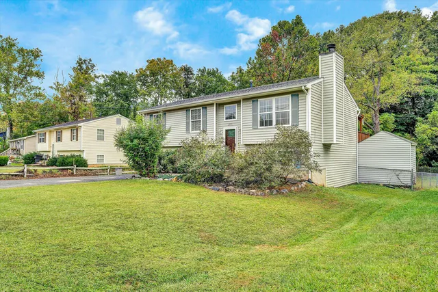 a front view of a house with yard and green space