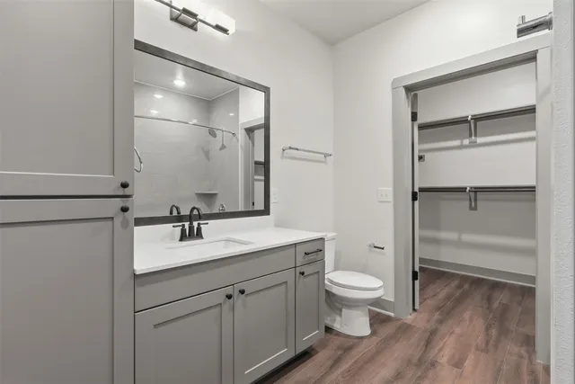 a bathroom with a sink a toilet and a large mirror