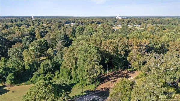 a view of a city with lush green forest