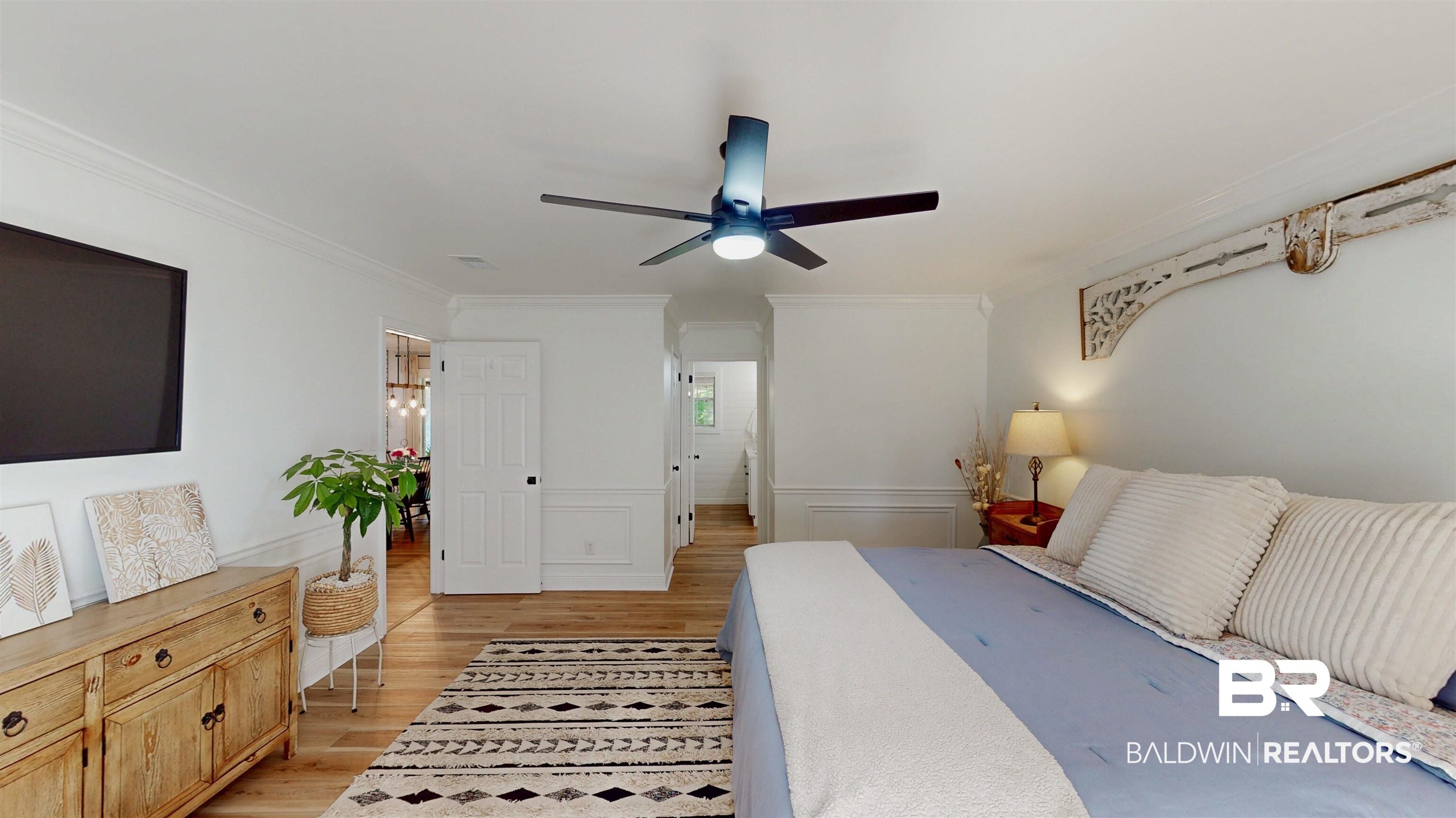 9902 Clarke Ridge Road Foley, AL 36535 - Photo 30 of 61 Bedroom with a ceiling fan, crown molding, visible vents, and light wood-type flooring