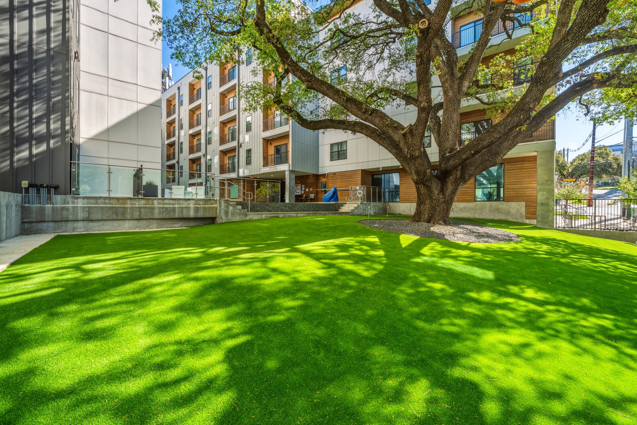 2500 Longview Street, Unit 300 Austin, TX 78705 - Photo 30 of 36 a view of a yard in front of a brick house with a large tree