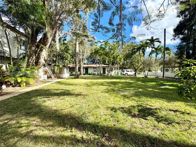 a view of a park with large trees