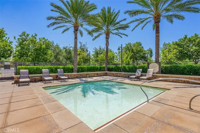 a view of a swimming pool with a lounge chair and a palm tree