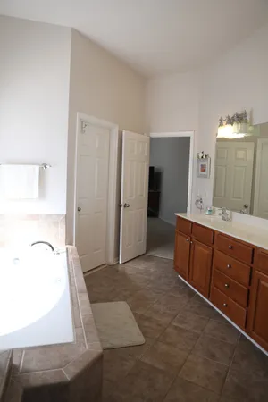 a bathroom with a sink a mirror and a shower