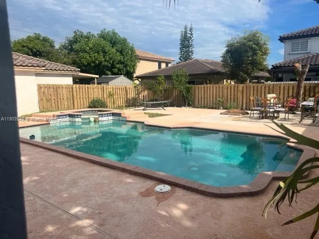 a view of a backyard with swimming pool