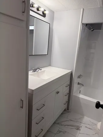 a bathroom with a sink a mirror and a bathtub