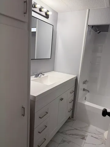 a bathroom with a sink a mirror and a bathtub