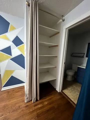 a view of walk in closet with empty racks