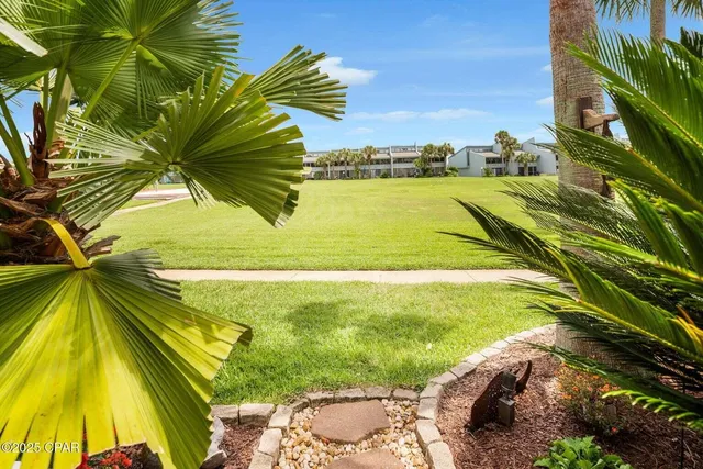 a view of a swimming pool with a garden