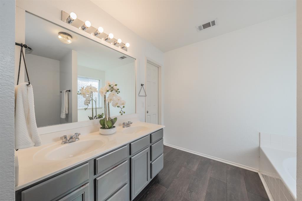 10541 Rising Knoll Lane Fort Worth, TX 76131 - Photo 22 of 27 a bathroom with a sink a vanity and a mirror