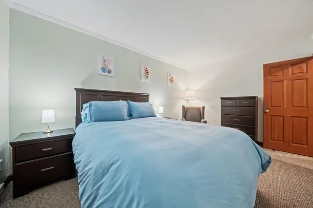 a bedroom with a bed and chair