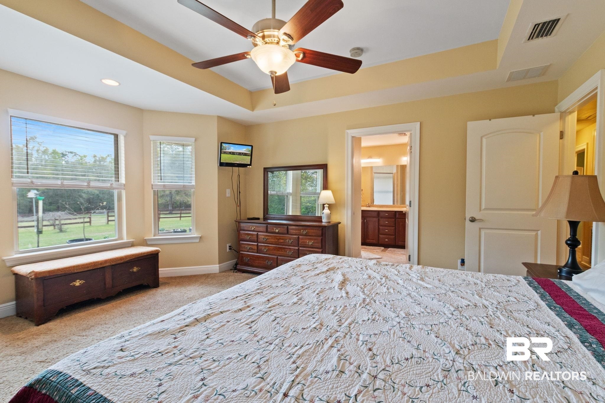 24250 Hack Road Bay Minette, AL 36507 - Photo 28 of 88 Bedroom featuring light colored carpet, a raised ceiling, a ceiling fan, and ensuite bath