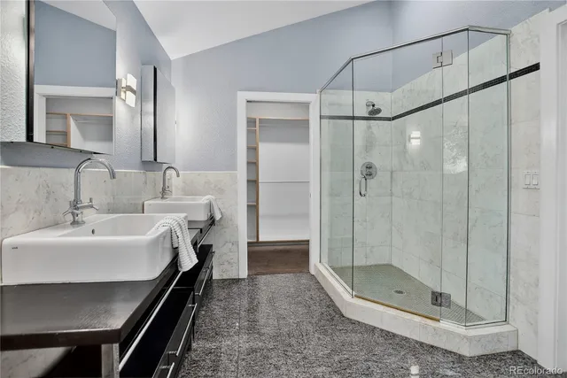 a bathroom with a shower and a sink
